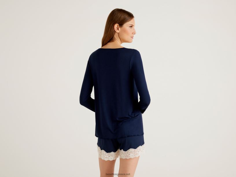 τοπ με λεπτομέρεια από δαντέλα J8TLD1069 Benetton γυναίκες σκούρο μπλε