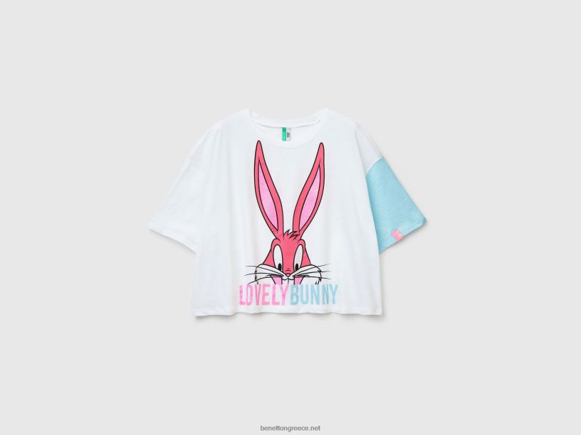 Μπλουζάκι λαγουδάκι bugs από ελαφρύ βαμβακερό J8TLD987 Benetton γυναίκες άσπρο