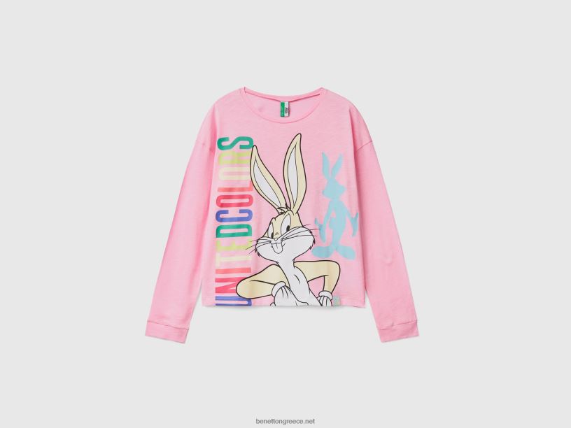Μπλουζάκι bugs bunny & lola J8TLD4268 Benetton γυναίκες ροζ