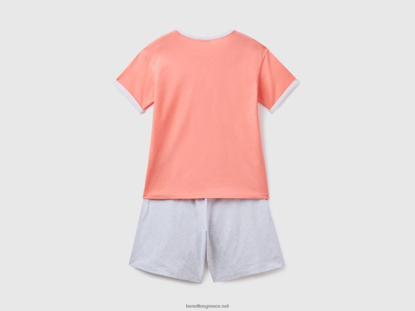 κοντές πιτζάμες από βαμβακερές μακριές ίνες J8TLD4248 Benetton γυναίκες πορτοκαλί κοράλλι
