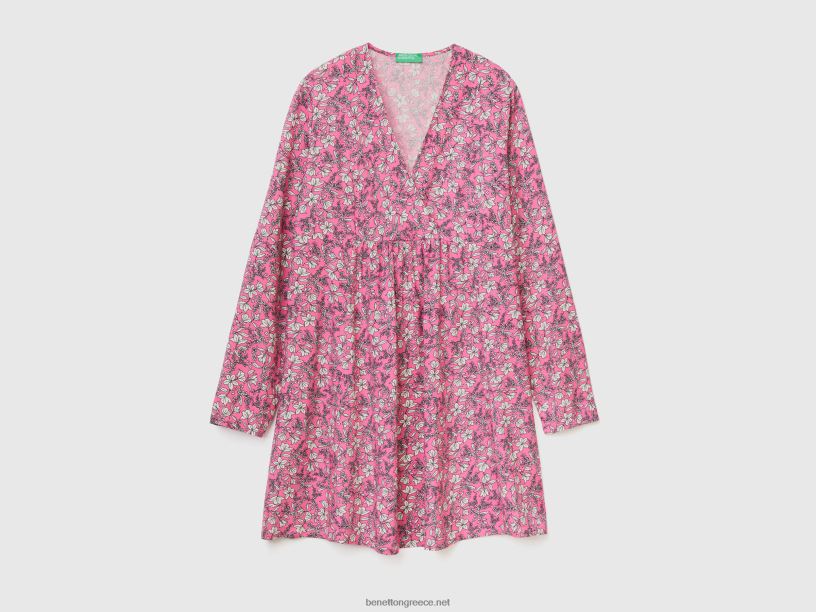 Φόρεμα με σχέδια σε βισκόζη J8TLD553 Benetton γυναίκες ροζ
