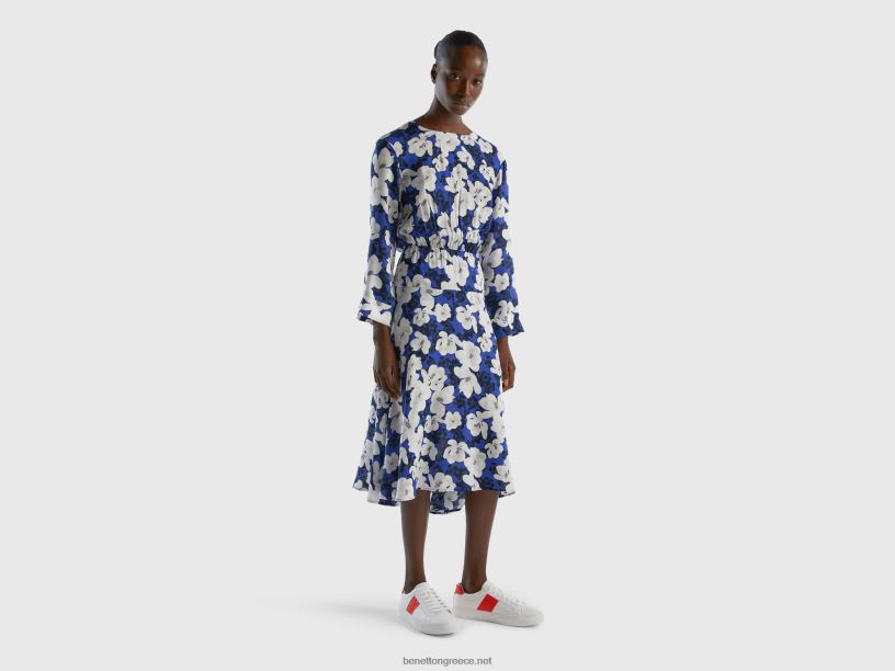 floral φόρεμα J8TLD4026 Benetton γυναίκες μπλε της αεροπορίας