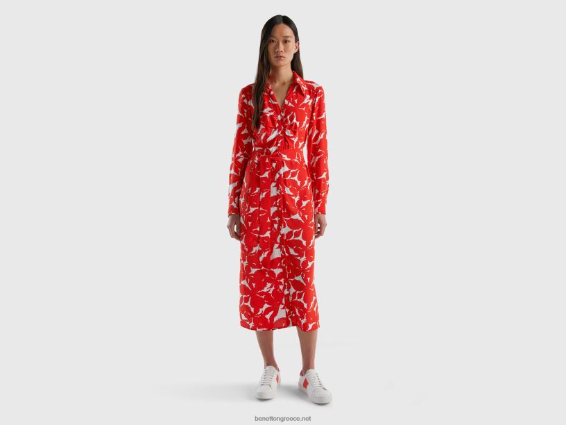 floral πουκάμισο φόρεμα σε καθαρή βισκόζη J8TLD556 Benetton γυναίκες το κόκκινο