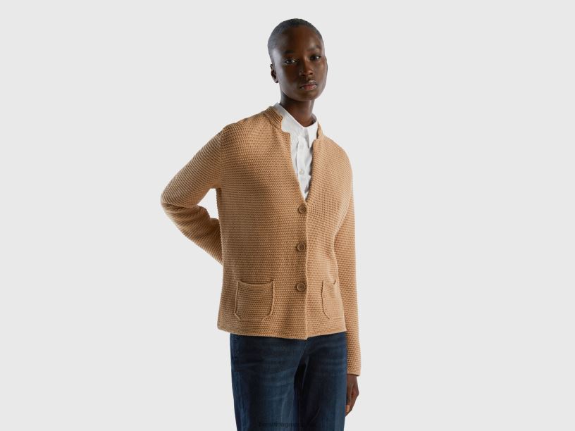 Μπουφάν 100% βαμβακερό πλεκτό J8TLD3658 Benetton γυναίκες καμήλα