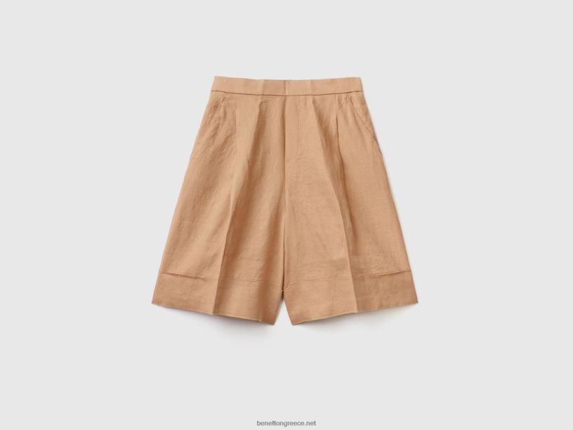 100% λινές βερμούδες με μανσέτες J8TLD4081 Benetton γυναίκες καμήλα