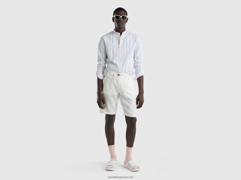 βερμούδες από 100% λινό J8TLD4659 Benetton γυναίκες κρεμώδες λευκό