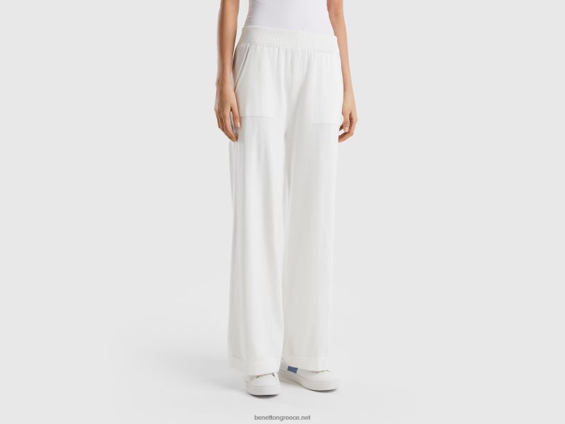 πλεκτό φαρδύ παντελόνι J8TLD4093 Benetton γυναίκες κρεμώδες λευκό