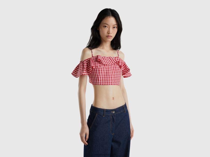 crop top vichy με βολάν J8TLD3788 Benetton γυναίκες το κόκκινο