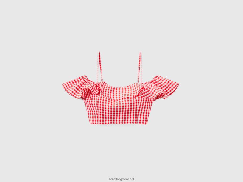 crop top vichy με βολάν J8TLD3788 Benetton γυναίκες το κόκκινο