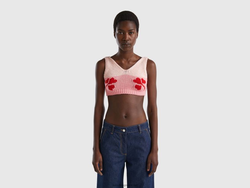 ροζ cropped top με floral ένθετο J8TLD3880 Benetton γυναίκες ροζ