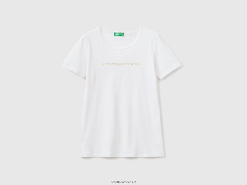 μπλουζάκι από 100% βαμβάκι με λογότυπο γκλίτερ J8TLD450 Benetton γυναίκες άσπρο