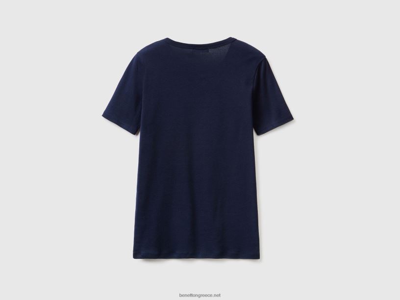 μακρύ βαμβακερό μπλουζάκι από ίνες J8TLD3919 Benetton γυναίκες σκούρο μπλε