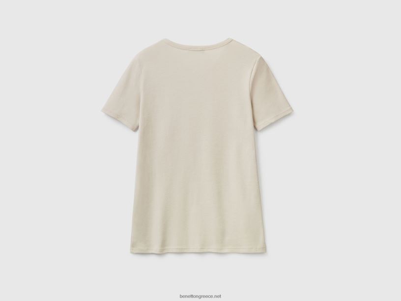 μακρύ βαμβακερό μπλουζάκι από ίνες J8TLD3938 Benetton γυναίκες μπεζ