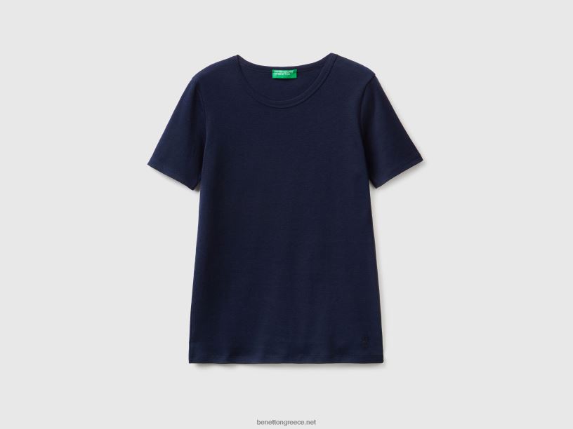 μακρύ βαμβακερό μπλουζάκι από ίνες J8TLD462 Benetton γυναίκες σκούρο μπλε