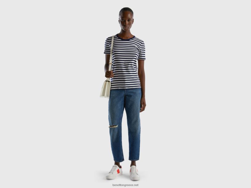 ριγέ μπλουζάκι με λαιμόκοψη J8TLD471 Benetton γυναίκες σκούρο μπλε