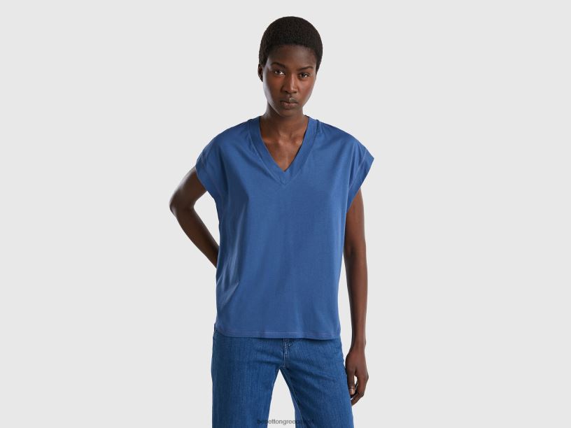 T-shirt με λαιμόκοψη 100% βαμβάκι J8TLD360 Benetton γυναίκες μπλε