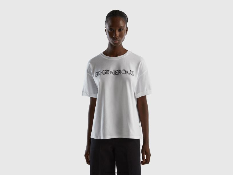 T-shirt από 100% βαμβάκι με σλόγκαν J8TLD3835 Benetton γυναίκες άσπρο