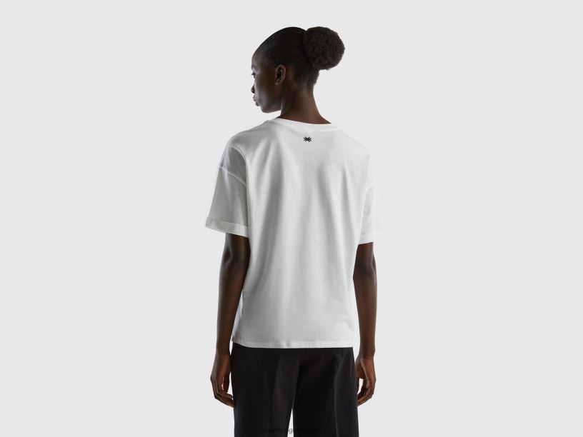 T-shirt από 100% βαμβάκι με σλόγκαν J8TLD3835 Benetton γυναίκες άσπρο