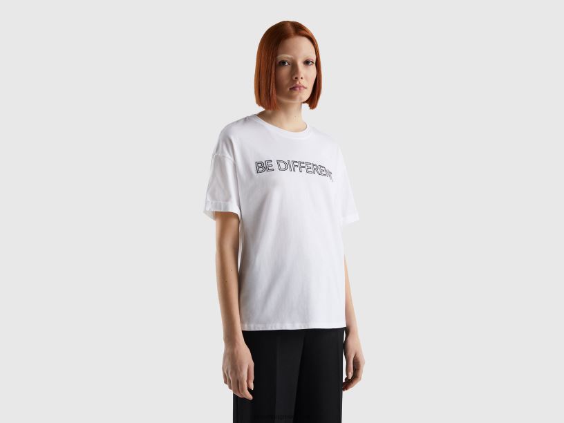 T-shirt από 100% βαμβάκι με σλόγκαν J8TLD3878 Benetton γυναίκες άσπρο