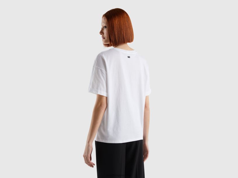 T-shirt από 100% βαμβάκι με σλόγκαν J8TLD3878 Benetton γυναίκες άσπρο