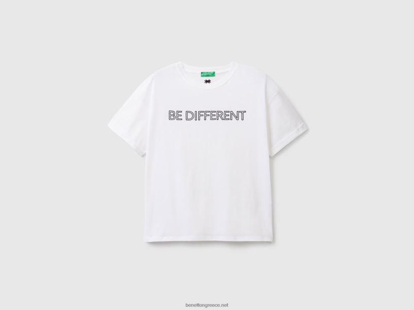 T-shirt από 100% βαμβάκι με σλόγκαν J8TLD3878 Benetton γυναίκες άσπρο