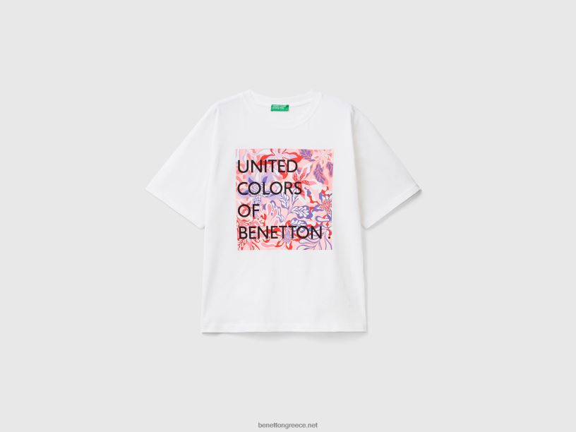 T-shirt από βαμβάκι με τύπωμα λογότυπου J8TLD309 Benetton γυναίκες άσπρο