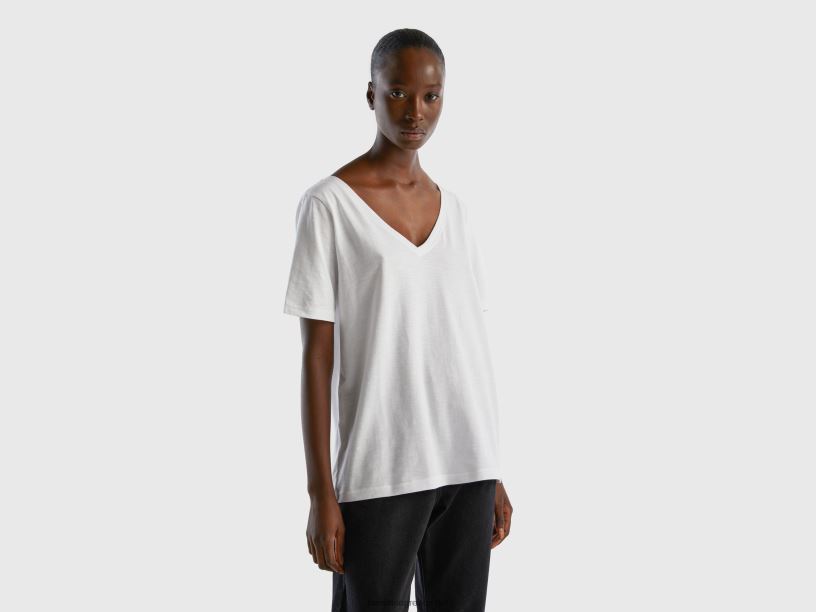 T-shirt με λαιμόκοψη από βαμβάκι J8TLD336 Benetton γυναίκες άσπρο