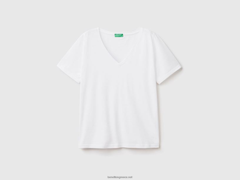 T-shirt με λαιμόκοψη από βαμβάκι J8TLD336 Benetton γυναίκες άσπρο