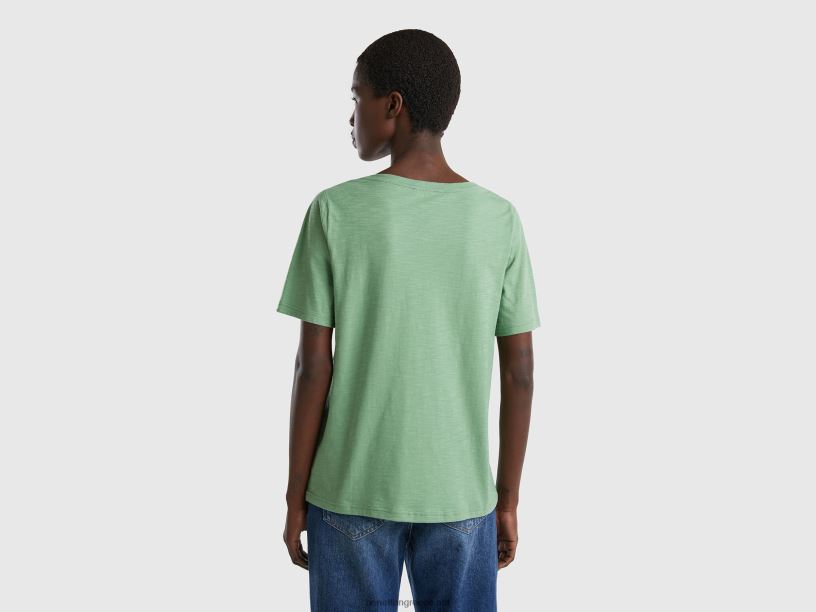 T-shirt με λαιμόκοψη από βαμβάκι J8TLD348 Benetton γυναίκες πράσινος