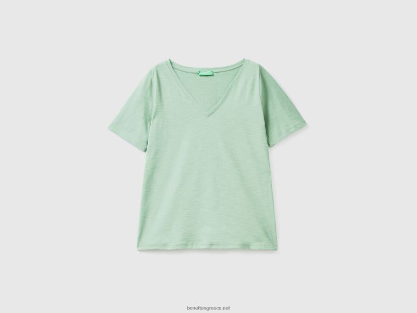 T-shirt με λαιμόκοψη από βαμβάκι J8TLD348 Benetton γυναίκες πράσινος