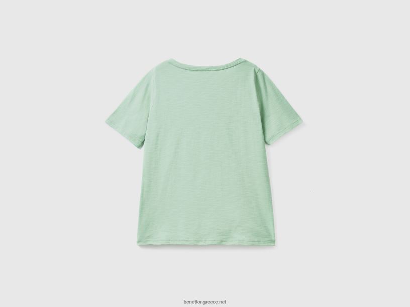 T-shirt με λαιμόκοψη από βαμβάκι J8TLD348 Benetton γυναίκες πράσινος