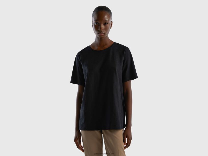 T-shirt με λαιμόκοψη από βαμβάκι J8TLD3862 Benetton γυναίκες μαύρος