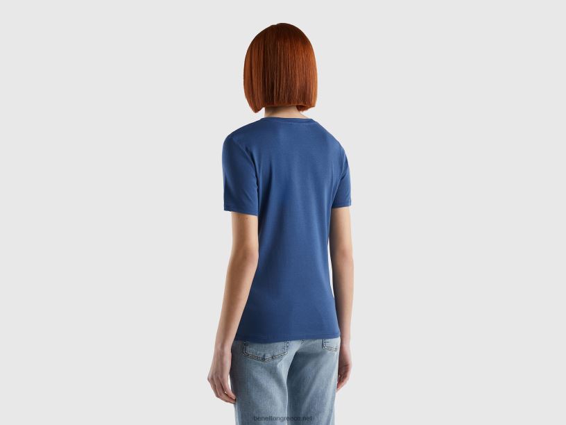 T-shirt από καθαρό βαμβάκι με λαιμόκοψη σε σχήμα V J8TLD3910 Benetton γυναίκες μπλε