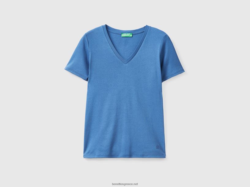 T-shirt από καθαρό βαμβάκι με λαιμόκοψη σε σχήμα V J8TLD3910 Benetton γυναίκες μπλε