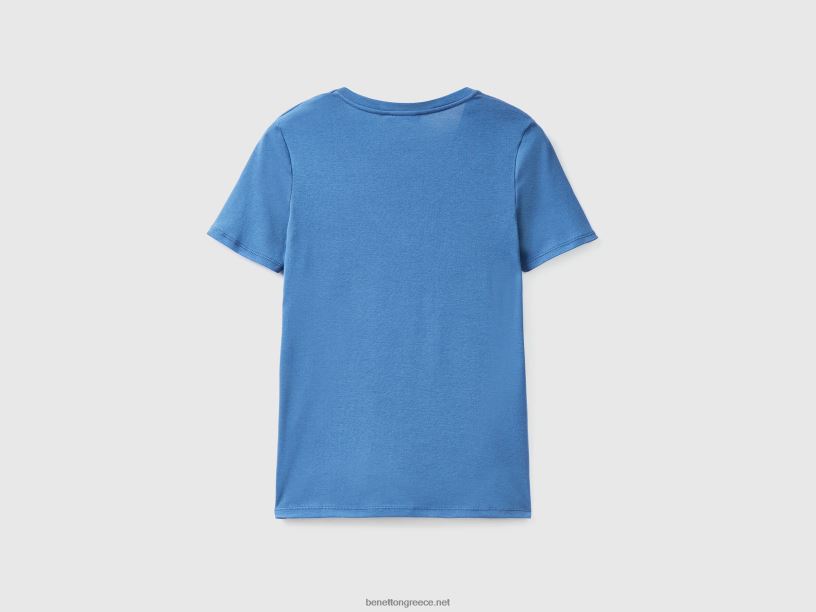 T-shirt από καθαρό βαμβάκι με λαιμόκοψη σε σχήμα V J8TLD3910 Benetton γυναίκες μπλε