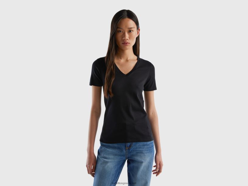 T-shirt από καθαρό βαμβάκι με λαιμόκοψη σε σχήμα V J8TLD3930 Benetton γυναίκες μαύρος