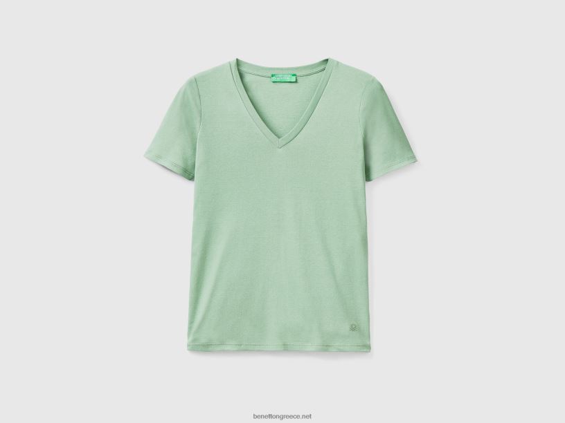 T-shirt από καθαρό βαμβάκι με λαιμόκοψη σε σχήμα V J8TLD417 Benetton γυναίκες πράσινος
