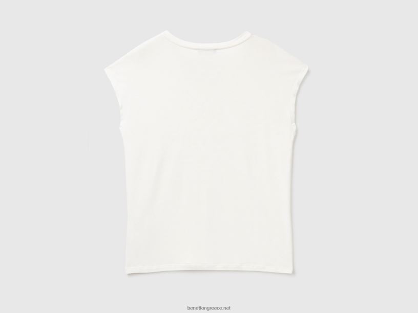 t-shirt σε βισκόζη βιώσιμης ελαστικότητας J8TLD3826 Benetton γυναίκες κρεμώδες λευκό