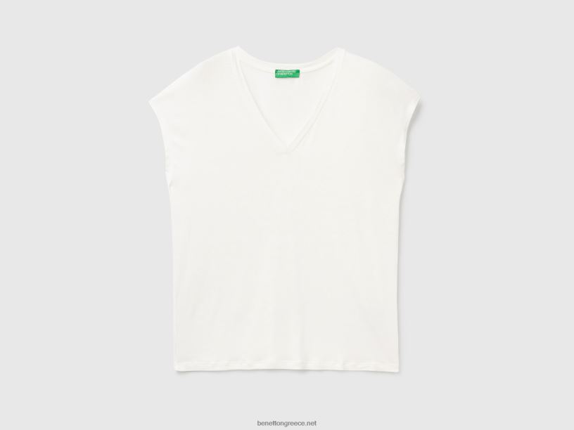 t-shirt σε βισκόζη βιώσιμης ελαστικότητας J8TLD390 Benetton γυναίκες κρεμώδες λευκό