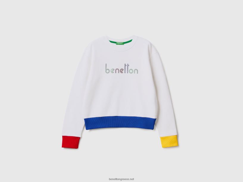 Φούτερ από 100% βαμβάκι με στάμπα λογότυπου J8TLD286 Benetton γυναίκες άσπρο
