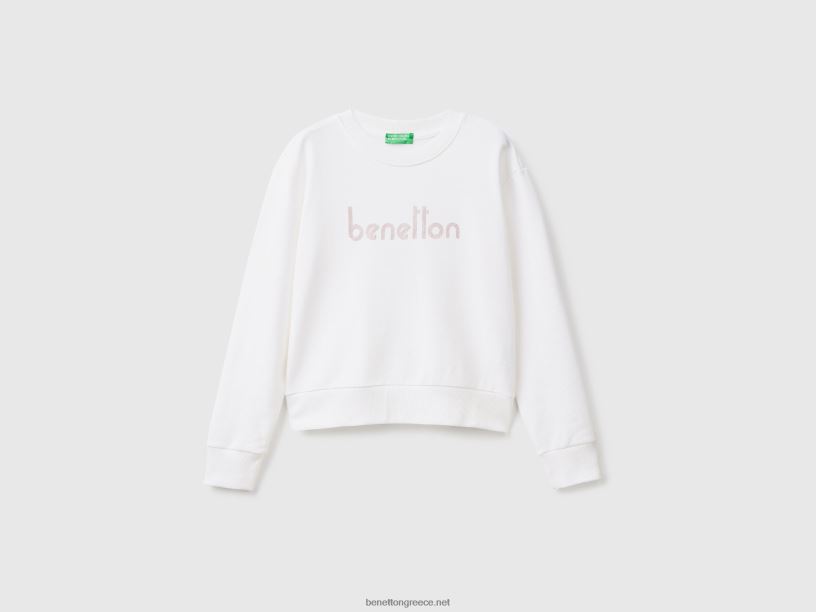 Φούτερ από 100% βαμβάκι με στάμπα λογότυπου J8TLD3761 Benetton γυναίκες άσπρο