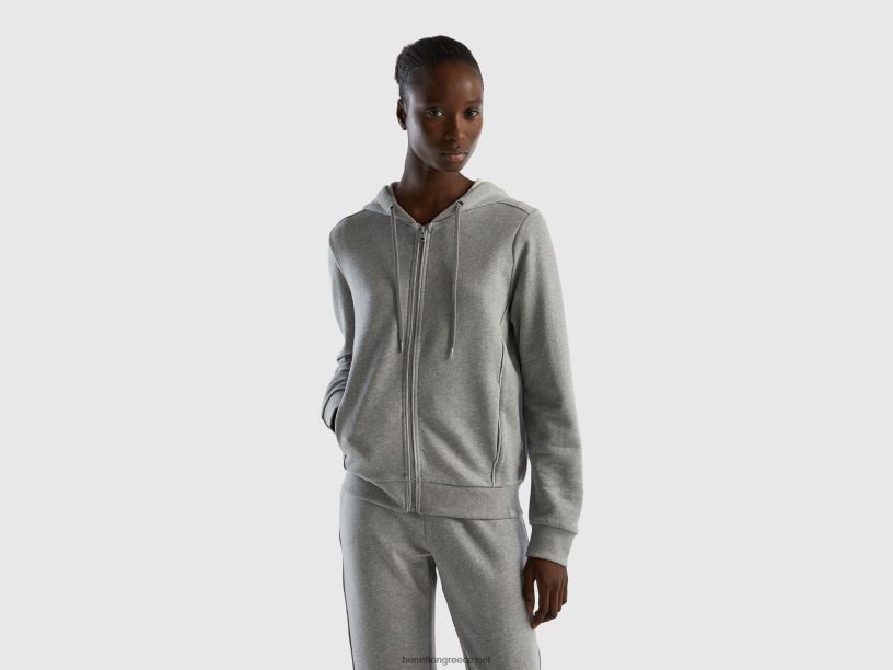 Φούτερ από 100% βαμβάκι με φερμουάρ και κουκούλα J8TLD3765 Benetton γυναίκες ανοιχτό γκρι