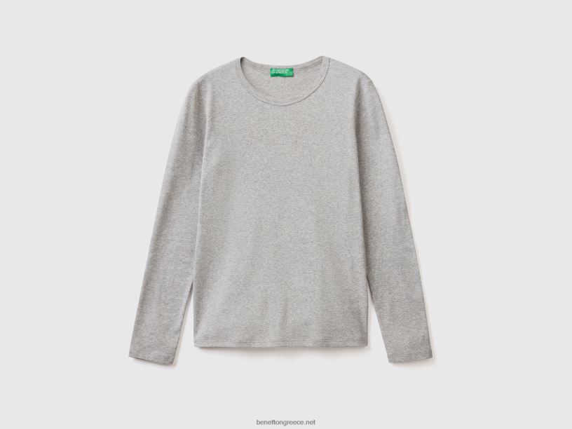 μακρυμάνικο γκρι μπλουζάκι από 100% βαμβάκι J8TLD3907 Benetton γυναίκες ανοιχτό γκρι