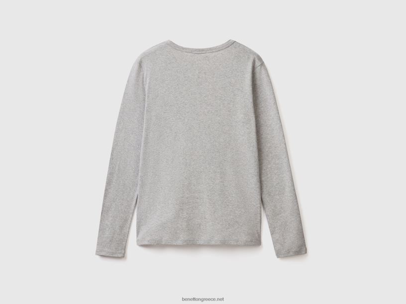 μακρυμάνικο γκρι μπλουζάκι από 100% βαμβάκι J8TLD3907 Benetton γυναίκες ανοιχτό γκρι