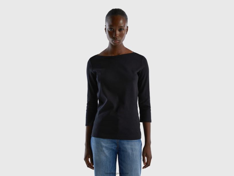 μπλουζάκι με λαιμόκοψη από 100% βαμβάκι J8TLD3923 Benetton γυναίκες μαύρος
