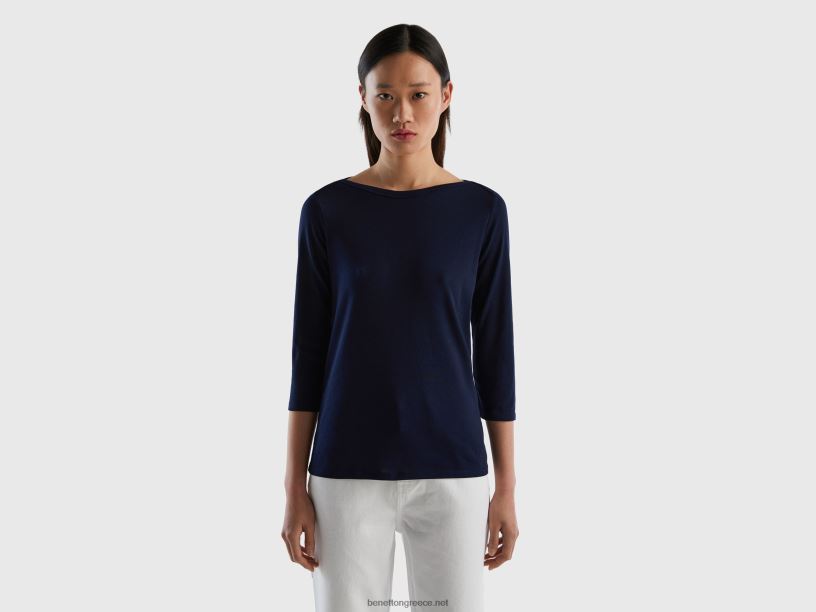 μπλουζάκι με λαιμόκοψη από 100% βαμβάκι J8TLD3941 Benetton γυναίκες σκούρο μπλε
