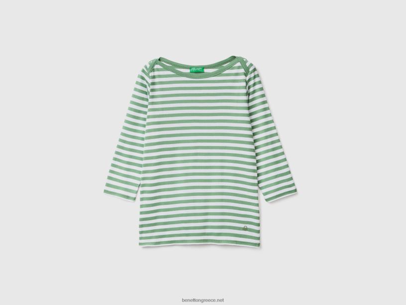 ριγέ μπλουζάκι με μανίκια 3/4 από 100% βαμβάκι J8TLD344 Benetton γυναίκες πράσινος