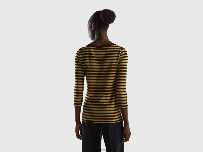 ριγέ μπλουζάκι με μανίκια 3/4 από 100% βαμβάκι J8TLD3889 Benetton γυναίκες μουστάρδα