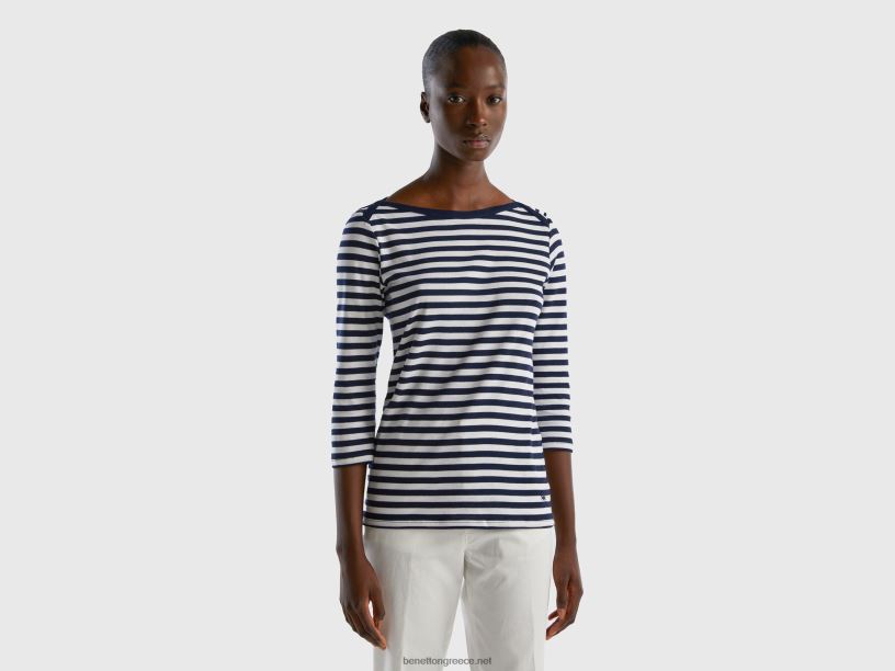 ριγέ μπλουζάκι με μανίκια 3/4 από 100% βαμβάκι J8TLD3928 Benetton γυναίκες σκούρο μπλε