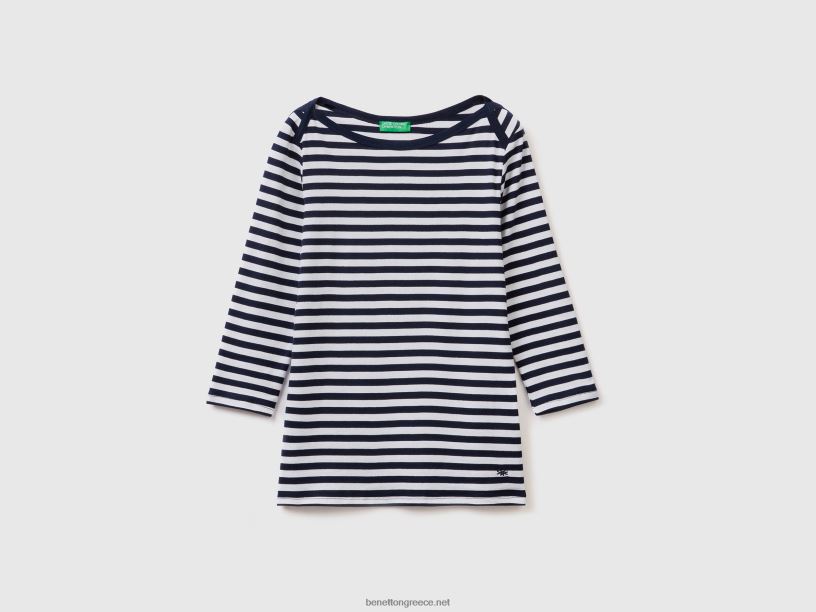 ριγέ μπλουζάκι με μανίκια 3/4 από 100% βαμβάκι J8TLD3928 Benetton γυναίκες σκούρο μπλε